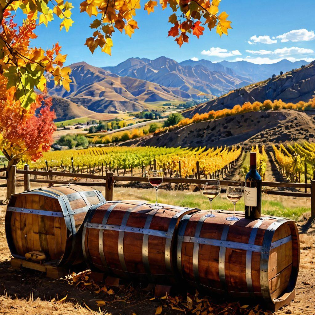 A picturesque Colorado vineyard landscape with rolling hills and vibrant grapevines under a bright blue sky. A happy couple clinking their glasses filled with local wine, surrounded by rustic wooden barrels and colorful autumn leaves. Soft sunlight illuminating the scene creates a warm, inviting atmosphere. Include mountains in the background to represent Colorado's natural beauty. super-realistic. vibrant colors. natural setting.