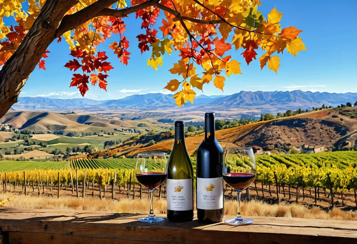 A picturesque view of lush vineyards in Colorado, with rolling hills and a clear blue sky. Include a couple of wine enthusiasts toasting with glasses of wine while surrounded by colorful autumn leaves. Incorporate subtle hints of wine barrels and outdoor wine tasting setups in the background. The scene should evoke a sense of joy and adventure, celebrating wine culture. vibrant colors. super-realistic.
