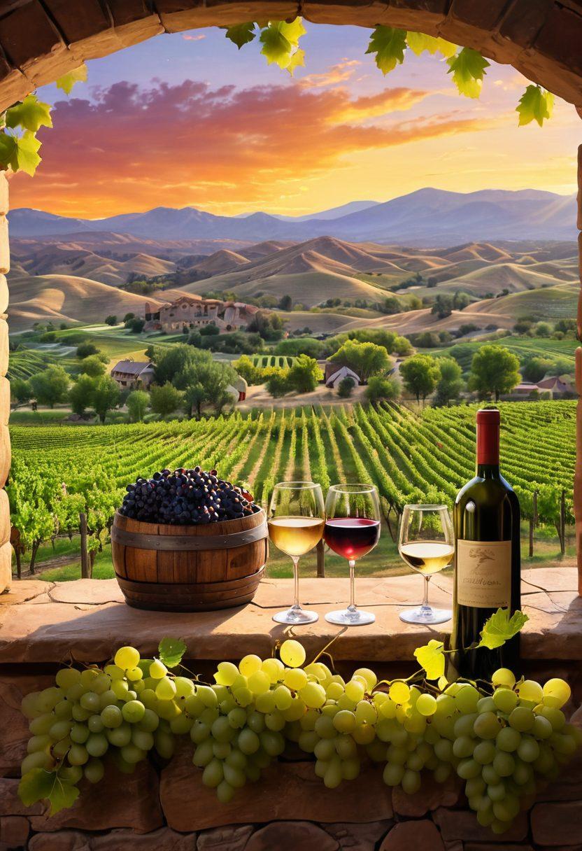 A picturesque vineyard in Colorado during sunset, with lush green grapevines and clusters of ripe grapes, a cheerful group of friends raising their glasses of wine for a toast. The background features a rustic wine cellar and rolling hills. The scene exudes warmth and happiness, highlighting the joy of wine pairings and club experiences. vibrant colors. super-realistic.